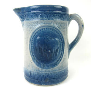 Antique Blue & White Salt Glaze Stoneware Milk Pitcher Cows Hull Pottery Ohio